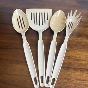 Vintage Ekco Almond Nylon 4 Piece: Pasta, Basting Scoop, Slotted Turner & Spoon